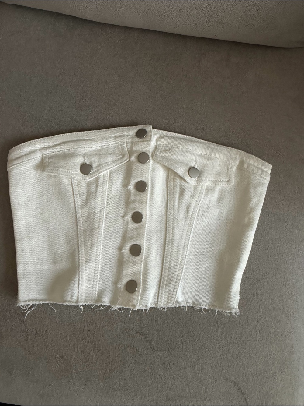 White Button-Front Strapless Denim Crop Top